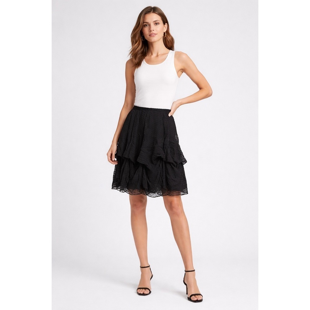 Lafayette 148 New York Black Silk Blend Tiered Ruffle Clip Dot Mini Skirt Size 6